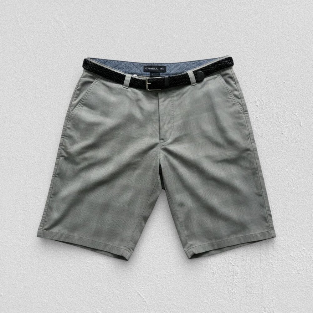 O’Neill Hybrid Shorts Mens 36 Gray Plaid Stretch 9” Inseam Regular Fit